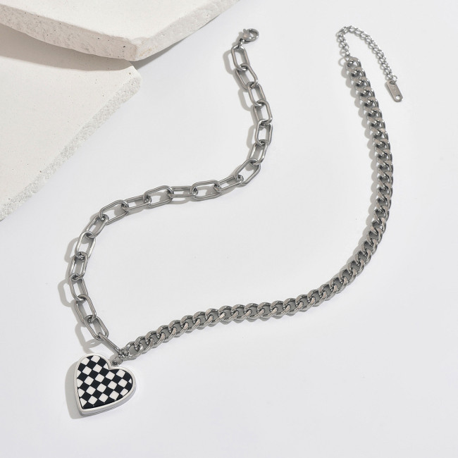 Wholesale Stainless Steel Checkerboard Heart Necklace