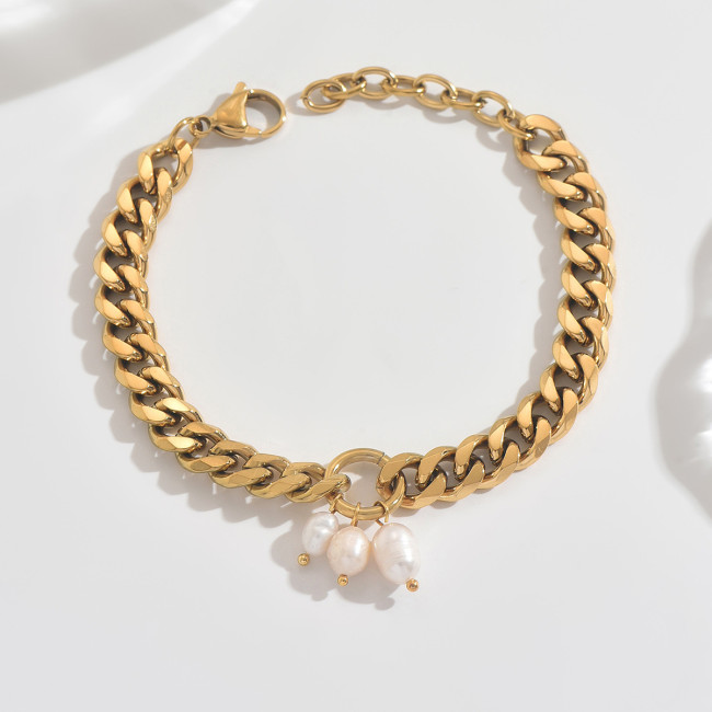 Wholesale Stainless Steel Cuban Link Pearl Bracelet