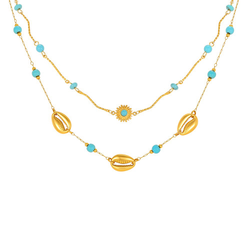 Wholesale Stainless Steel Layered Turquoise & Cowrie Shell Necklace