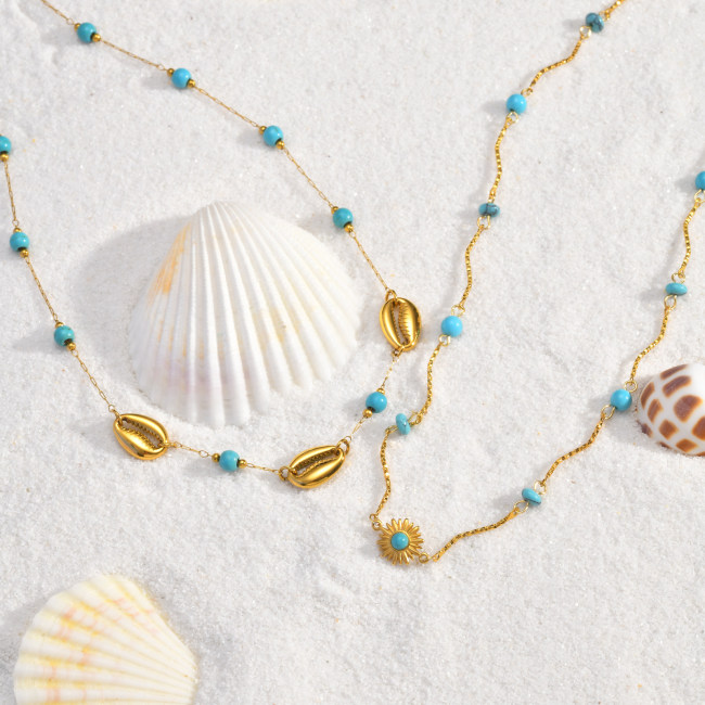 Wholesale Stainless Steel Layered Turquoise & Cowrie Shell Necklace