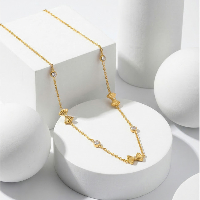 Wholesale Stainless Steel Ribbed Bow Knot Necklace