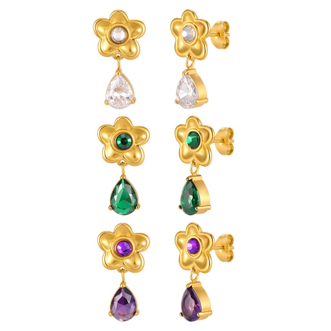 Wholesale Stainless Steel CZ Flower Drop Earrings