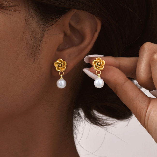 Wholesale Stainless Steel Camellia Flower Earrings
