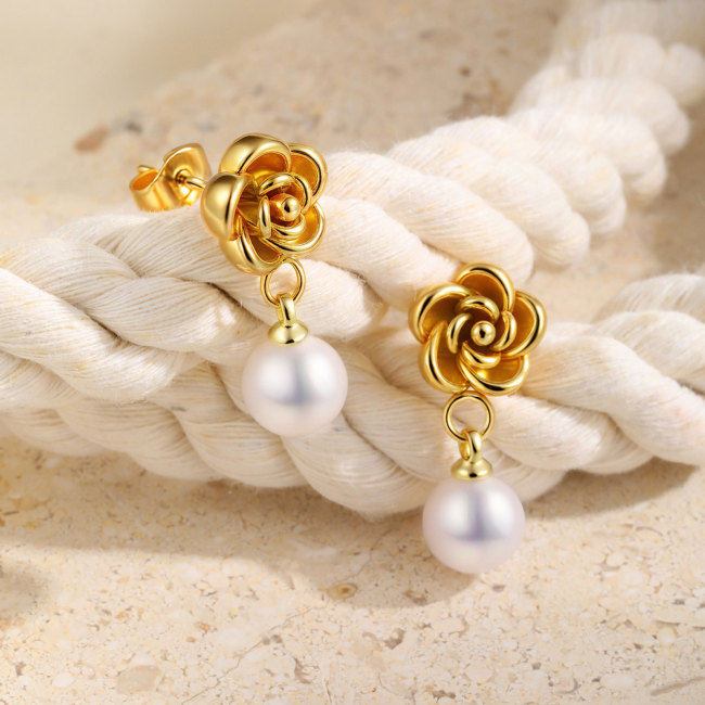 Wholesale Stainless Steel Camellia Flower Earrings