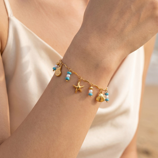 Wholesale Stainless Steel Starfish Seashell Charm Bracelet