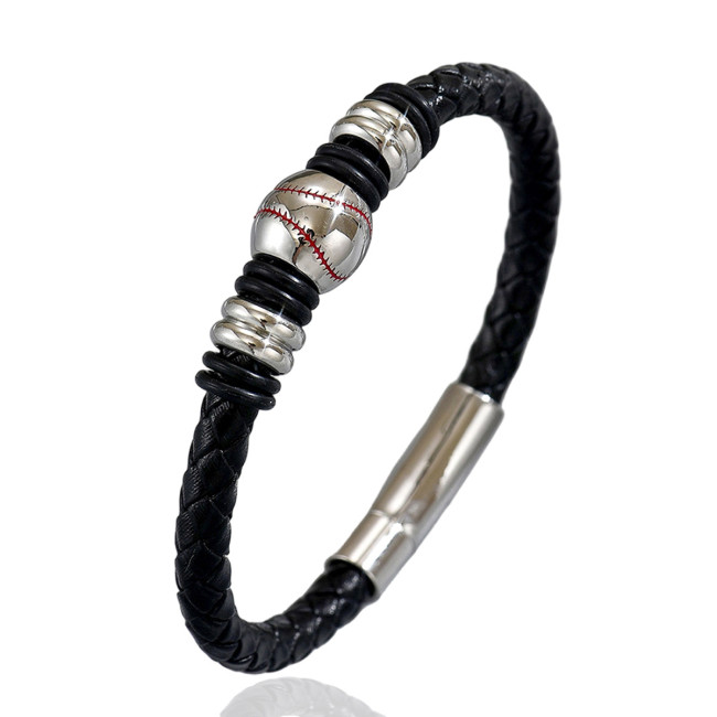 Wholesale Stainless Steel Baseball Leather Bracelet