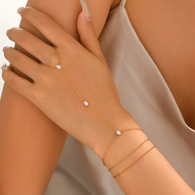 Wholesale Stainless Steel CZ Finger Ring Hand Chain