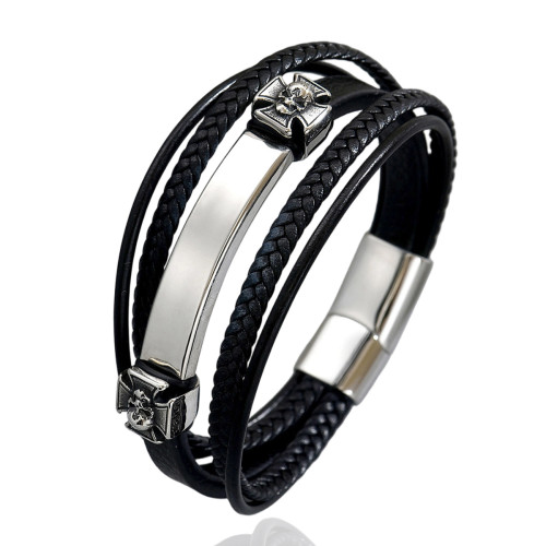 Wholesale Stainless Steel Skull Cross Leather Bracelet