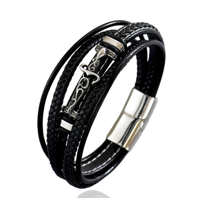 Wholesale Stainless Steel Gothic Multi-Layer Leather Bracelet