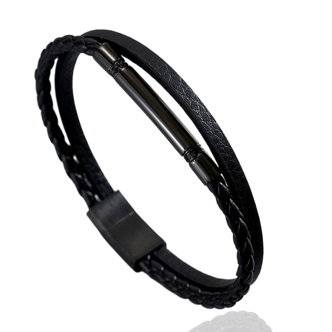 Wholesale Stainless Steel Tube Leather Bracelet
