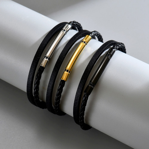 Wholesale Stainless Steel Tube Leather Bracelet