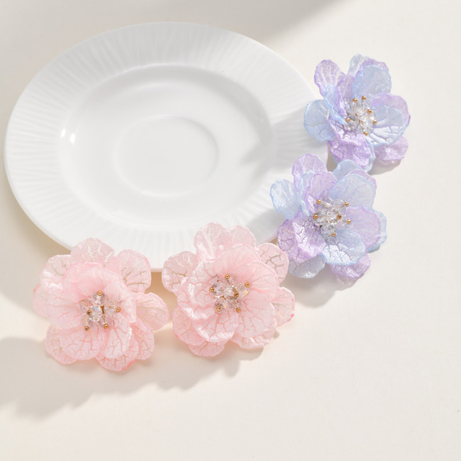 Wholesale Premium 3D Organza Flower Stud Earrings