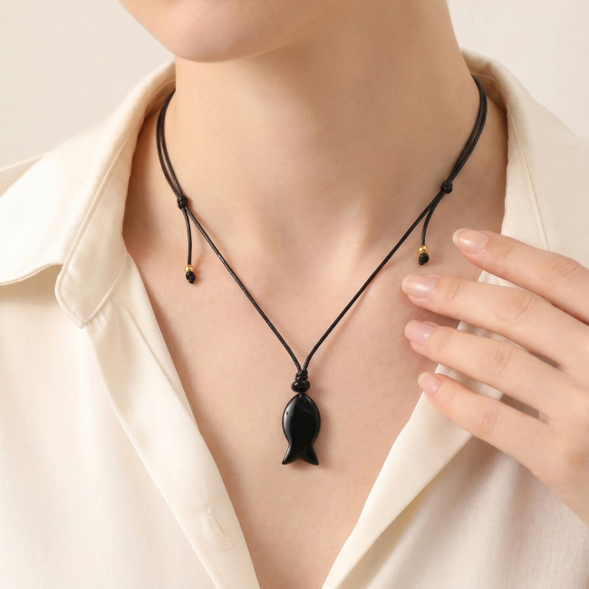Wholesale Natural Obsidian Fish Necklace