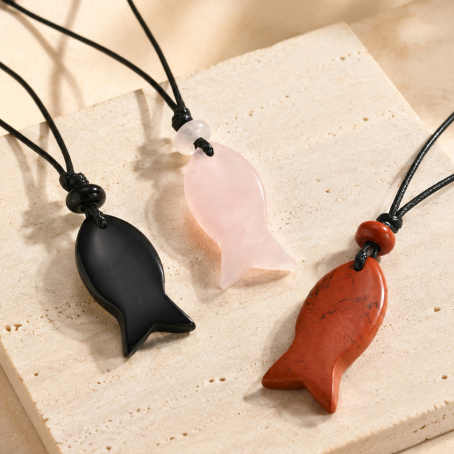 Wholesale Natural Obsidian Fish Necklace