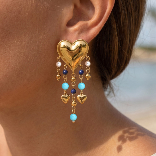 Wholesale 18K Gold Plated Heart & Turquoise Bead Tassel Earrings