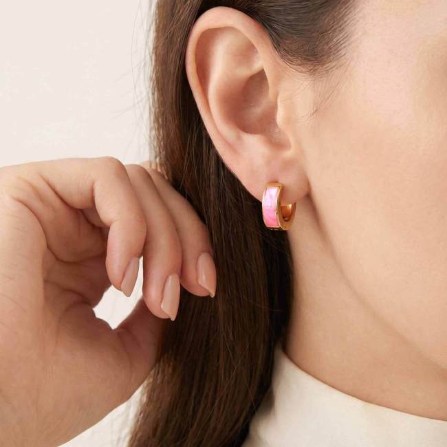 Bulk Chunky Gold Enamel Hoop Earrings Set in White & Pink