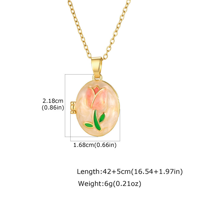 Wholesale Romantic Stainless Steel Tulip Flower Enamel Oval Locket Necklace