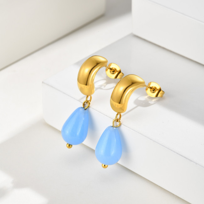 Wholesale Waterproof Stainless Steel Sky Blue Teardrop Drop Earrings