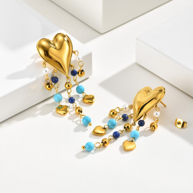 Wholesale 18K Gold Plated Heart & Turquoise Bead Tassel Earrings