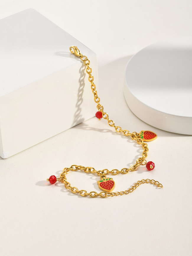 Wholesale 18K Gold Plated Strawberry & Red Bead Charm Anklet