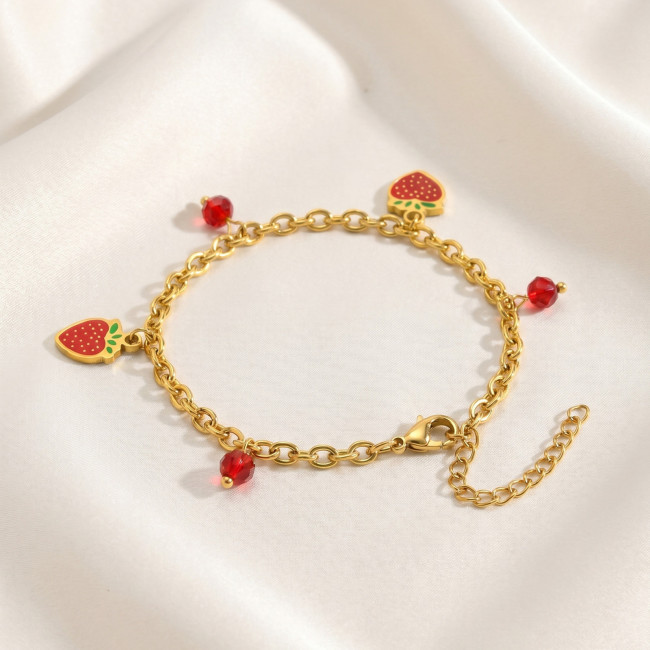 Wholesale 18K Gold Plated Strawberry & Red Bead Charm Anklet