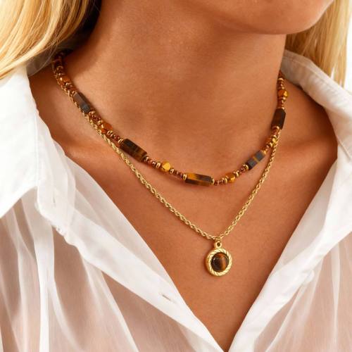 Wholesale Stainless Steel Vintage Tiger Eye Double Layer Necklace