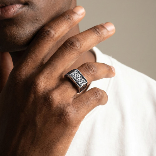 Wholesale Men's Vintage Stainless Steel Black CZ Woven Band Ring