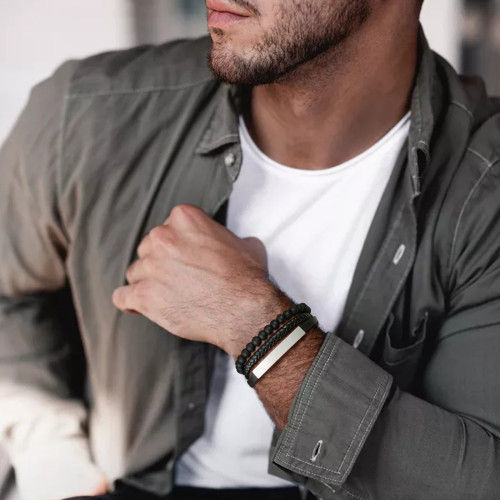 Wholesale Stainless Steel Blue Bead Layered Leather Bracelet