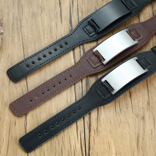 Wholesale Stainless Steel Punk Blank ID Leather Bracelet