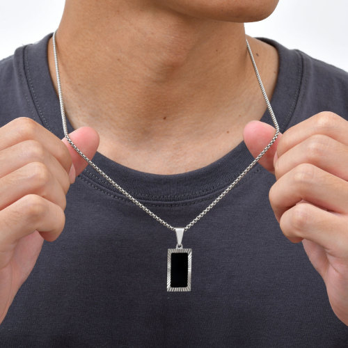 Wholesale Stainless Steel Textured Rectangular Black Pendant Necklace