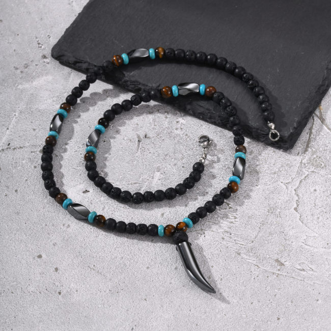 Wholesale Tribal Style Natural Stone Beaded Tusk Pendant