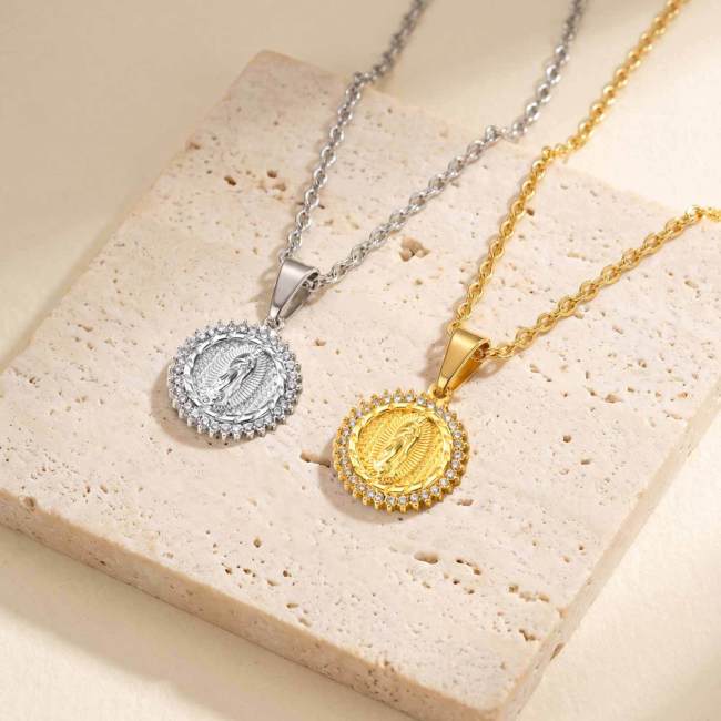 Wholesale Stainless Steel CZ Virgin Mary Medallion Pendant