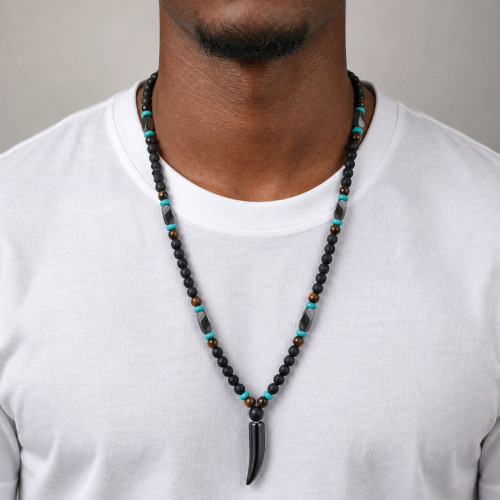 Wholesale Tribal Style Natural Stone Beaded Tusk Pendant