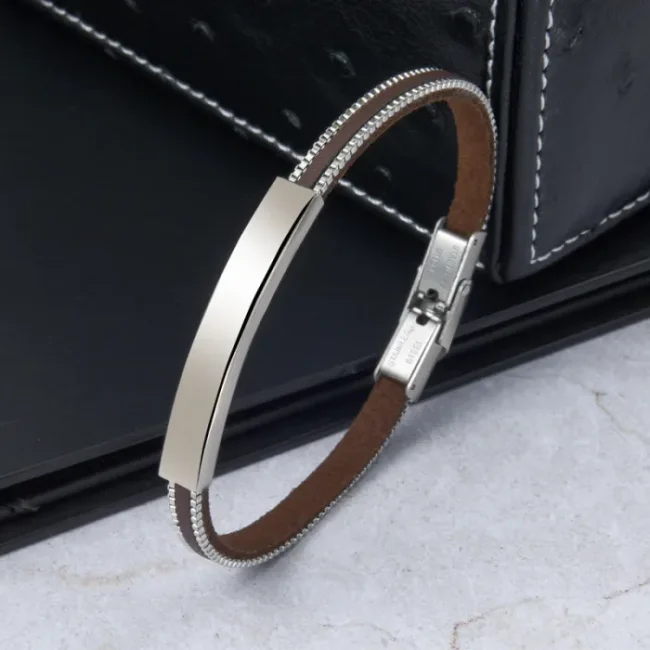 Wholesale Stainless Steel Personalized PU Leather Box Chain Bar Bracelet