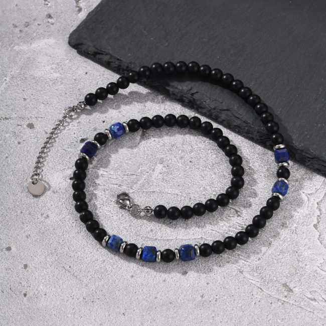Wholesale Stainless Steel Agate and Lapis Lazuli Bead Necklace