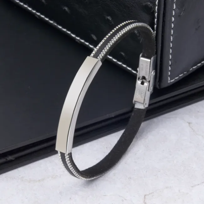 Wholesale Stainless Steel Personalized PU Leather Box Chain Bar Bracelet