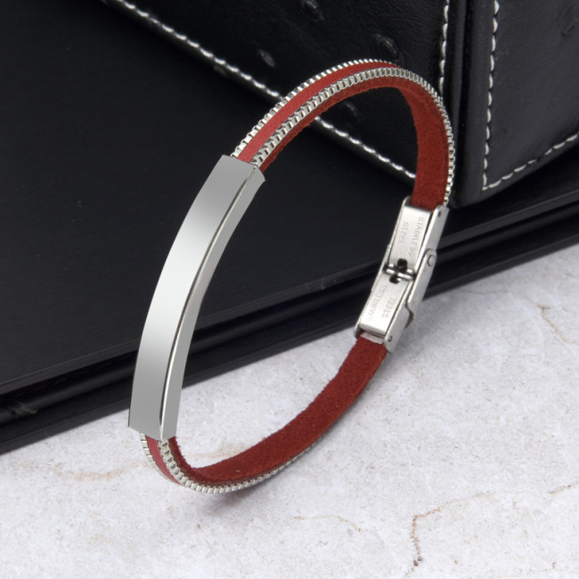 Wholesale Stainless Steel Personalized PU Leather Box Chain Bar Bracelet