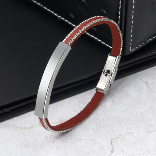 Wholesale Stainless Steel Personalized PU Leather Box Chain Bar Bracelet