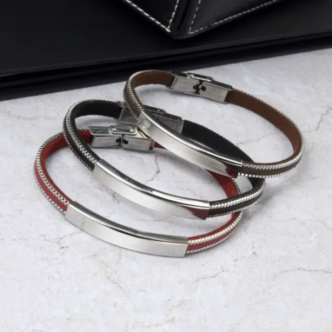 Wholesale Stainless Steel Personalized PU Leather Box Chain Bar Bracelet
