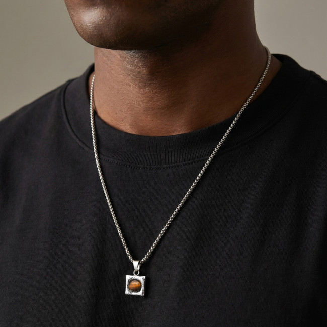 Wholesale Stainless Steel Black Agate Square Pendant