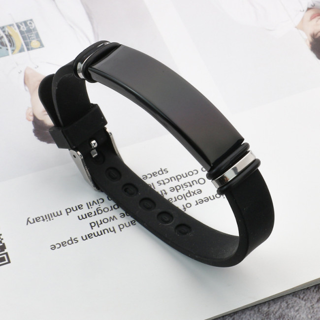 Wholesale Black Silicone Stainless Steel Engravable ID Bracelet