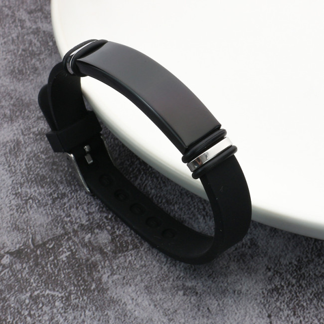 Wholesale Black Silicone Stainless Steel Engravable ID Bracelet