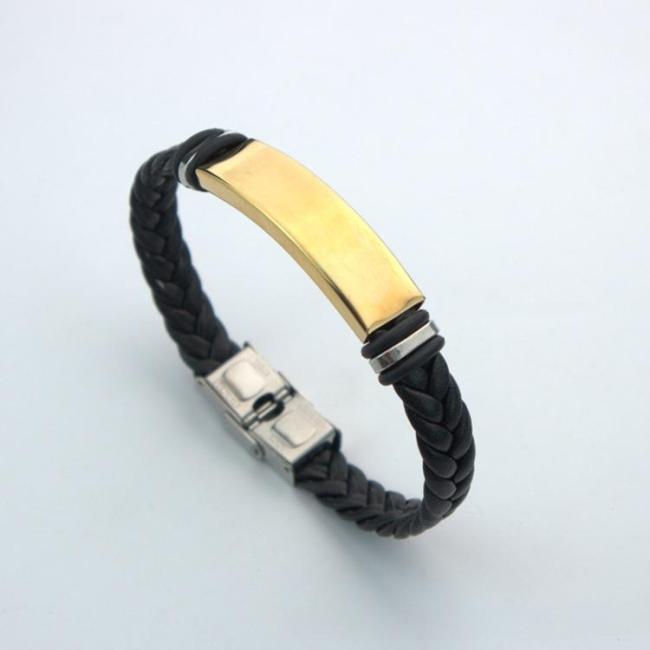 Wholesale Braided Leather Stainless Steel Engravable ID Bracelet