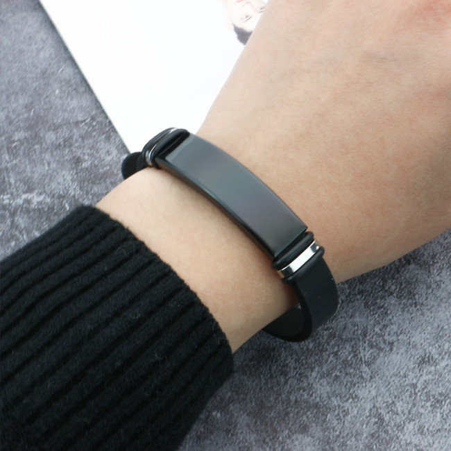 Wholesale Black Silicone Stainless Steel Engravable ID Bracelet