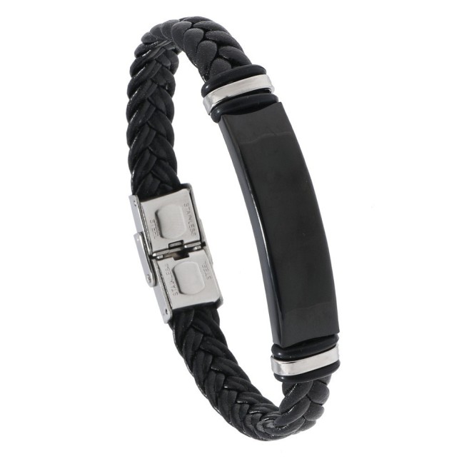 Wholesale Braided Leather Stainless Steel Engravable ID Bracelet