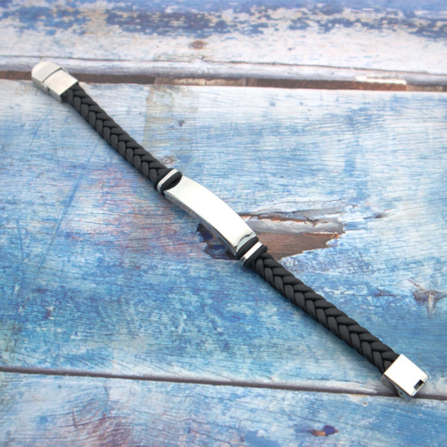 Wholesale Braided Leather Stainless Steel Engravable ID Bracelet