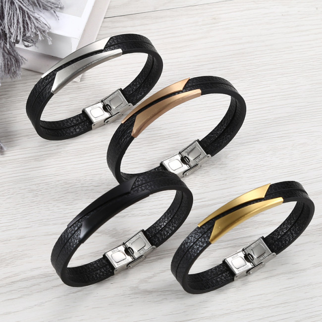 Wholesale Men's Layered Leather Stainless Steel Bar Bracelet