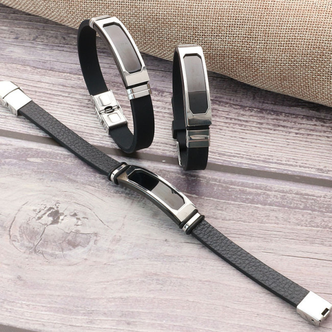 Wholesale Stainless Steel Bezel ID Tag Silicone Leather Bracelet