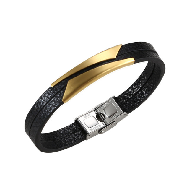 Wholesale Men's Layered Leather Stainless Steel Bar Bracelet