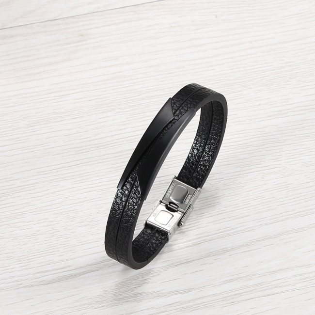 Wholesale Men's Layered Leather Stainless Steel Bar Bracelet